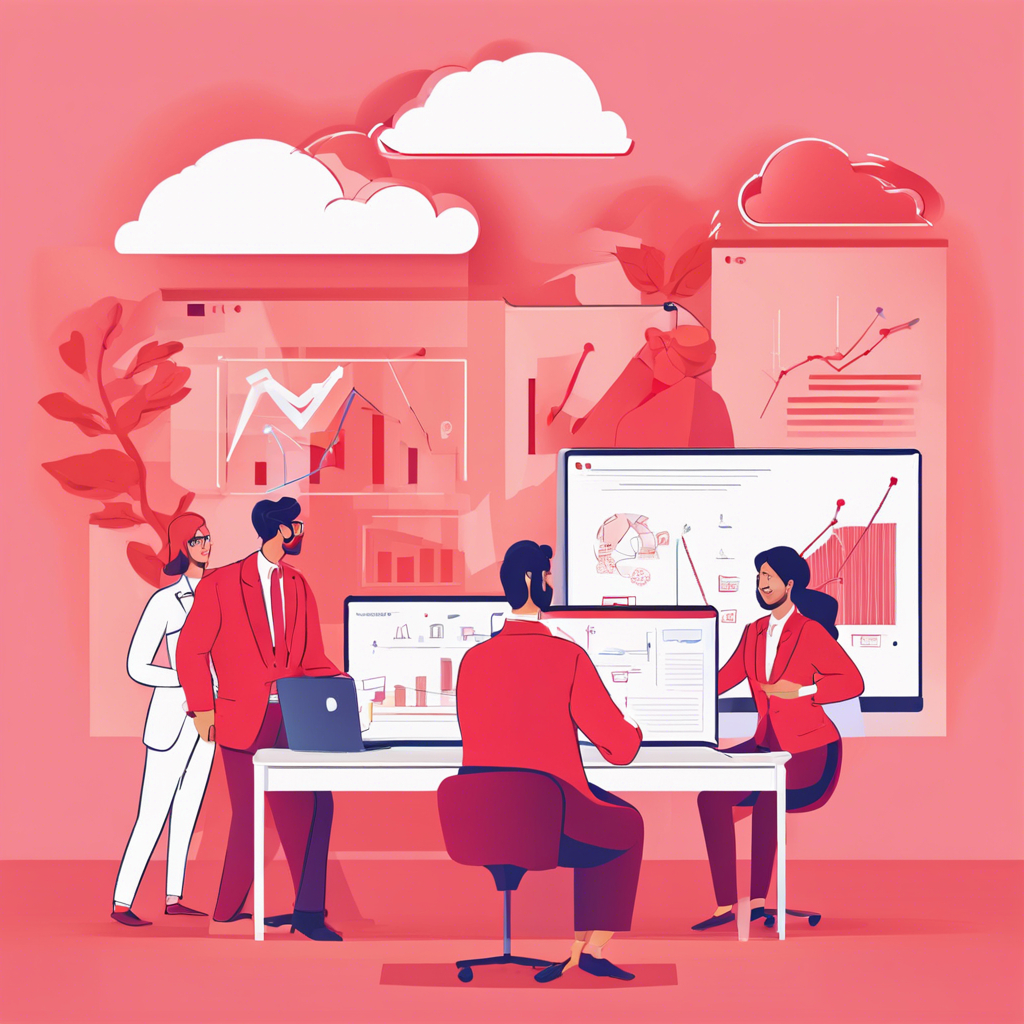 Create a drawing of a marketing team working in light red colors
